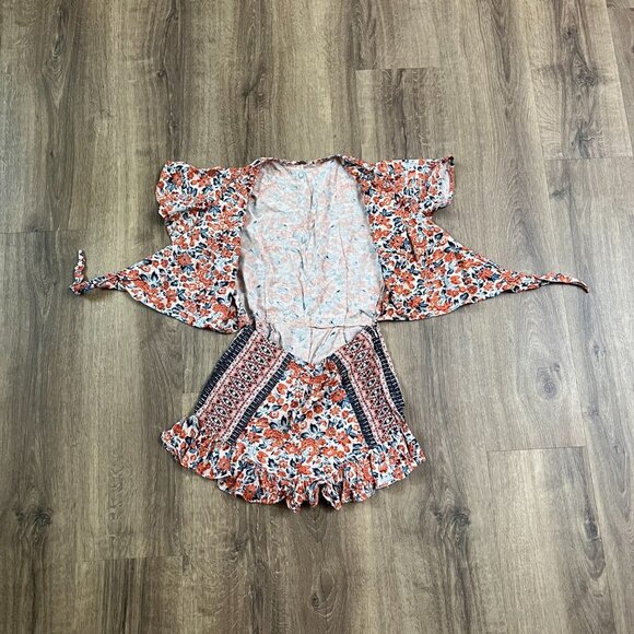 Free People Floral Tie Waist Ruffle Short Surf Date Jumpsuit Romper Sz 0 - Picture 12 of 15